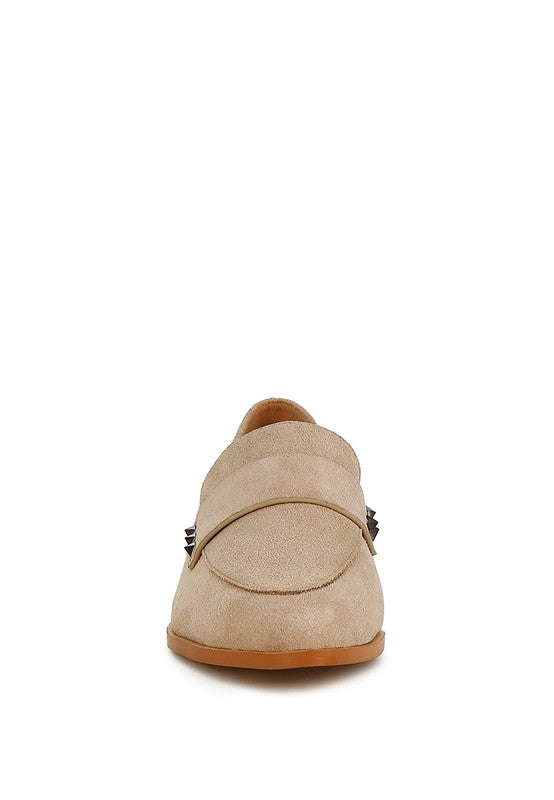 Rag Company women's studded suede loafers in beige with decorative studs and brown sole