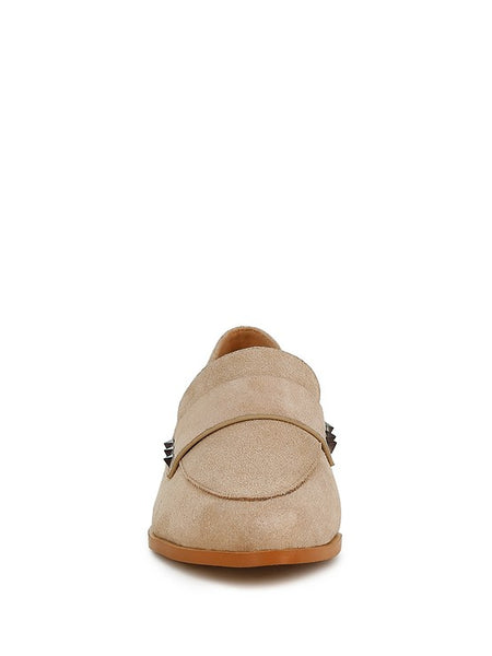 Rag Company women's studded suede loafers in beige with decorative studs and brown sole