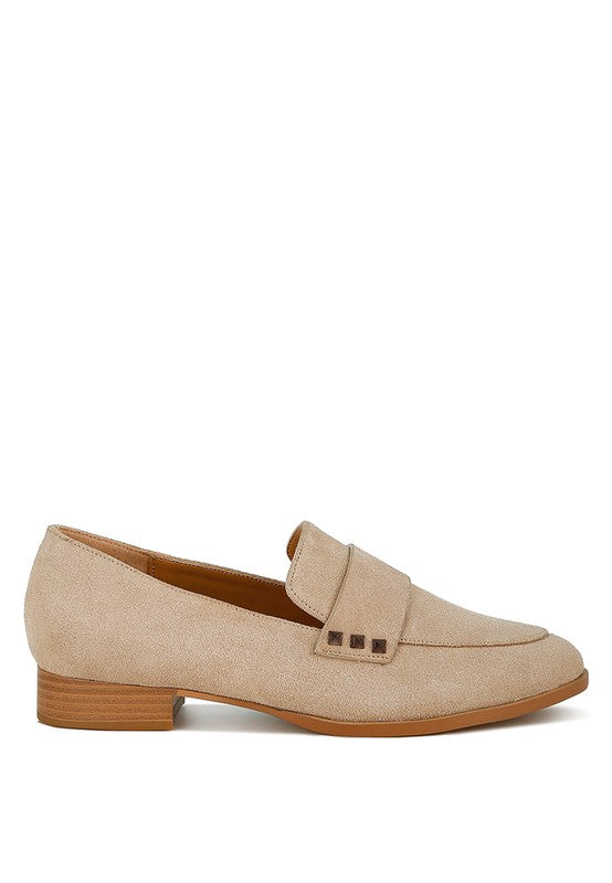 Rag Company women's studded suede loafers in beige with low wooden heel and square stud detail