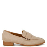 Rag Company women's studded suede loafers in beige with low wooden heel and square stud detail