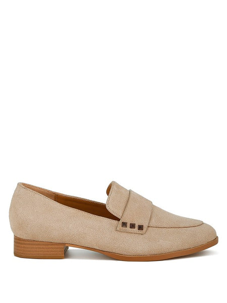 Rag Company women's studded suede loafers in beige with low wooden heel and square stud detail