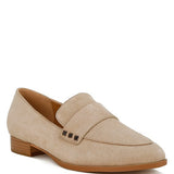 Rag Company women's studded suede loafers in beige with low wooden heel and square studs