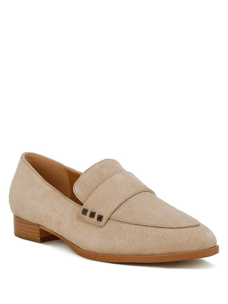 Rag Company women's studded suede loafers in beige with low wooden heel and square studs
