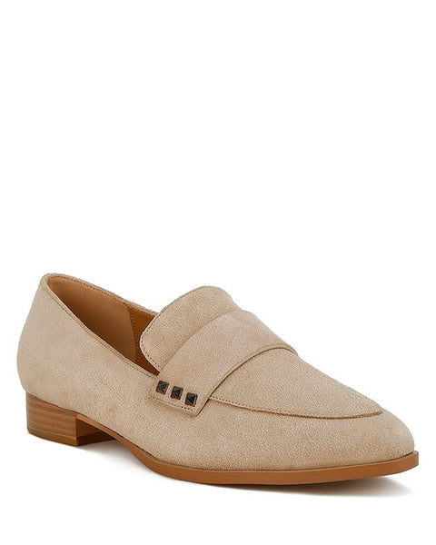 Rag Company women's studded suede loafers in beige with low wooden heel and square studs