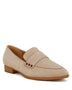 Rag Company women's studded suede loafers in beige with low wooden heel and square studs