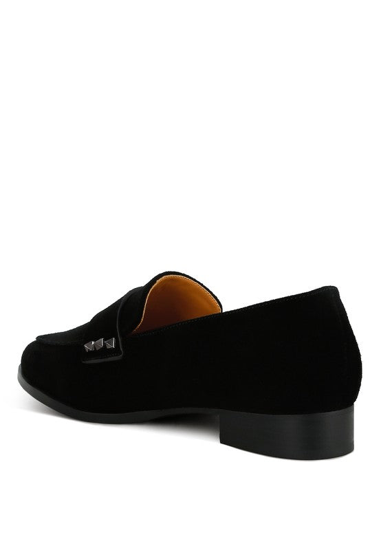 Rag Company women's studded suede loafers in black with small heel and decorative studs