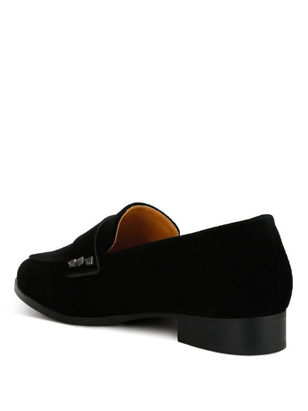 Rag Company women's studded suede loafers in black with small heel and decorative studs