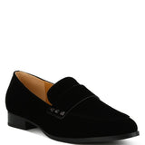 Rag Company women's studded suede loafers in black with low heel and decorative stud details
