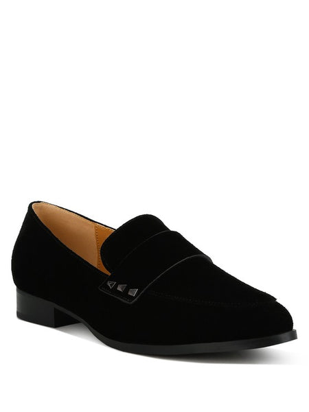 Rag Company women's studded suede loafers in black with low heel and decorative stud details