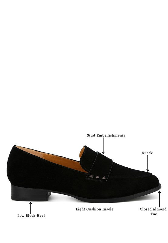 Rag Company women's studded suede loafers in black with stud embellishments and low block heel