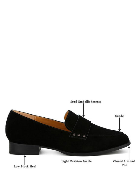 Rag Company women's studded suede loafers in black with stud embellishments and low block heel