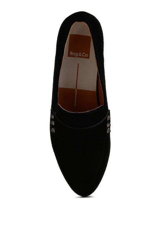 Rag Company women's studded suede loafers in black with stud detailing and a sleek design
