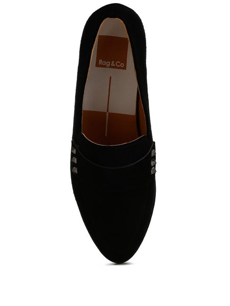 Rag Company women's studded suede loafers in black with stud detailing and a sleek design
