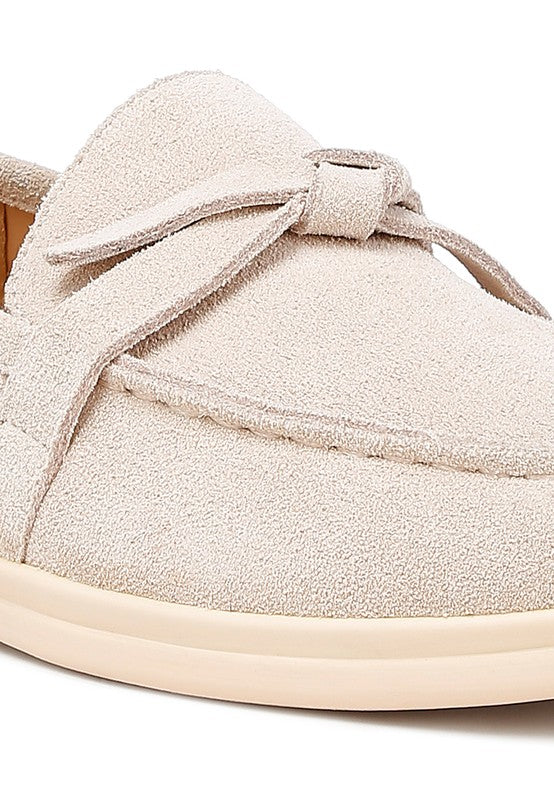 Rag Company women's suede loafers in light beige with bow detail and comfortable rubber sole