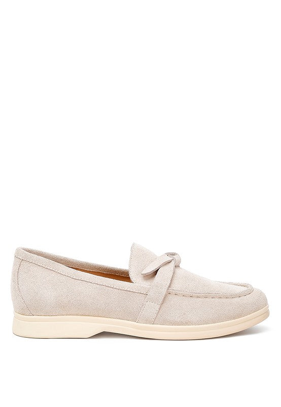 Rag Company women's suede loafers in light beige with bow detail and comfortable sole