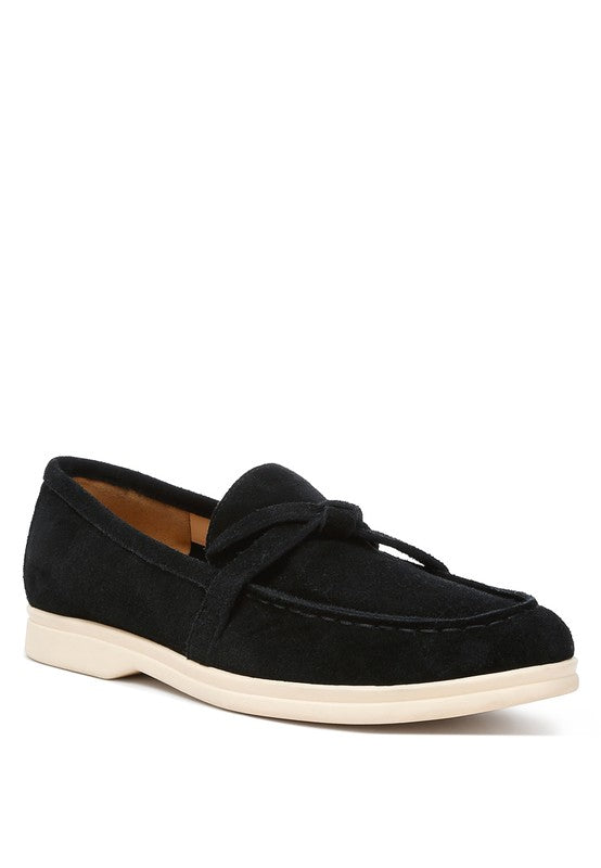 Rag Company black women's suede loafers with white sole and bow detail for casual wear