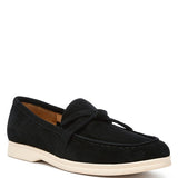 Rag Company black women's suede loafers with white sole and bow detail for casual wear