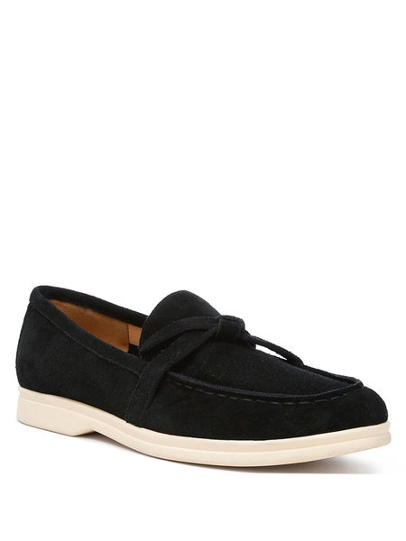 Rag Company black women's suede loafers with white sole and bow detail for casual wear