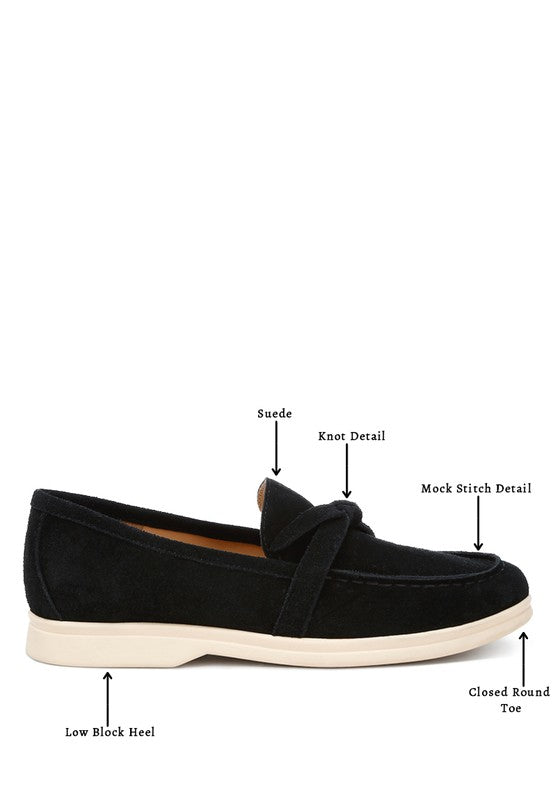 Rag Company black women's suede loafers with knot detail and low block heel