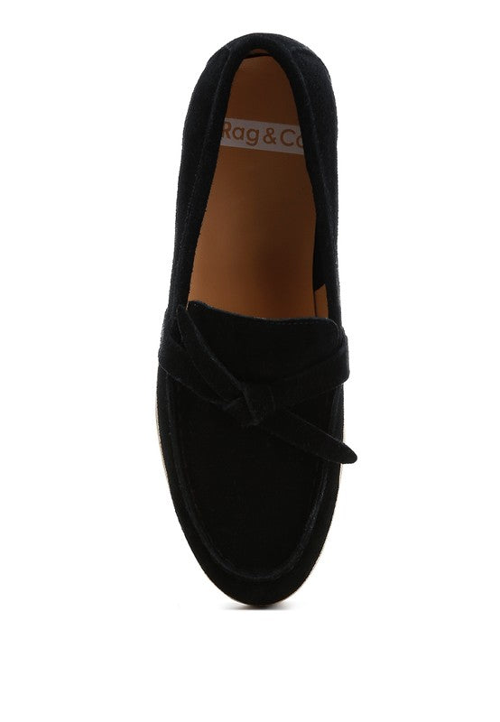 Rag Company women's suede loafers in black with bow detail and cushioned insole