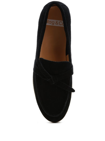 Rag Company women's suede loafers in black with bow detail and cushioned insole