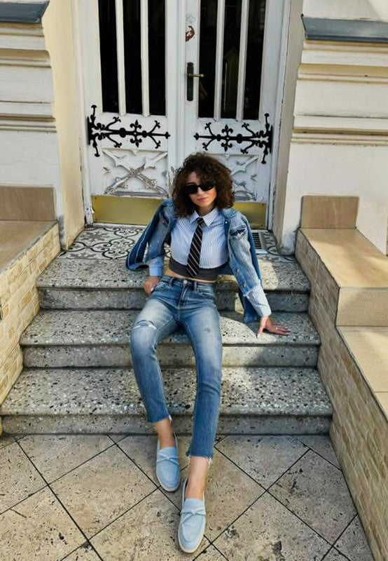 Rag Company women's suede loafers in light blue worn with casual denim outfit