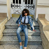 Rag Company women's suede loafers in light blue worn with casual denim outfit