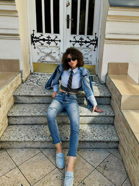 Rag Company women's suede loafers in light blue worn with casual denim outfit