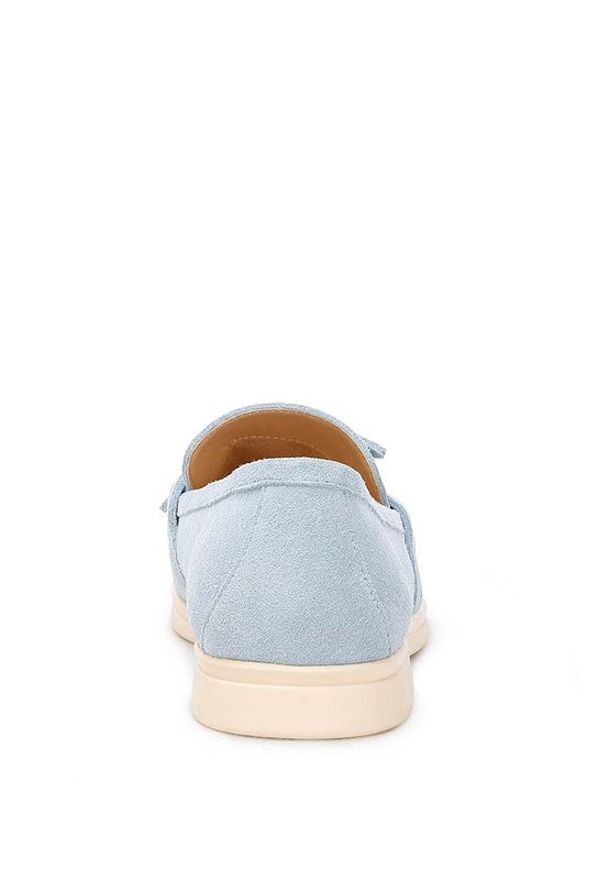 Rear view of Rag Company women's suede loafers in light blue with beige sole