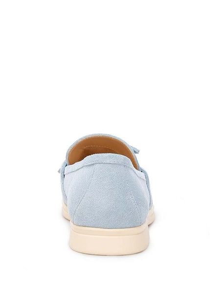 Rear view of Rag Company women's suede loafers in light blue with beige sole