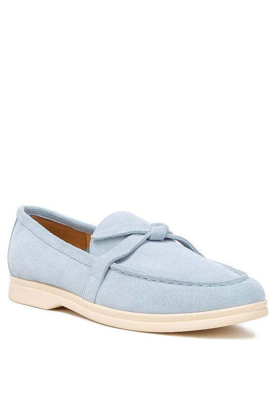 Rag Company women's suede loafers in light blue with bow detail and cream sole