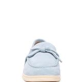 Rag Company women's suede loafers in light blue with bow detail and cream sole front view