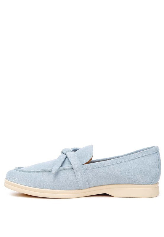Rag Company women's suede loafers in light blue with bow detail and beige sole