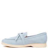 Rag Company women's suede loafers in light blue with bow detail and beige sole