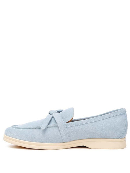 Rag Company women's suede loafers in light blue with bow detail and beige sole