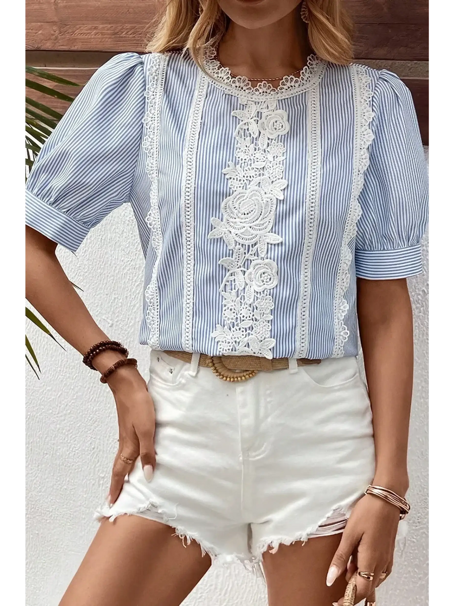 Trendsi women's summer half sleeve top in blue and white stripes with lace floral details