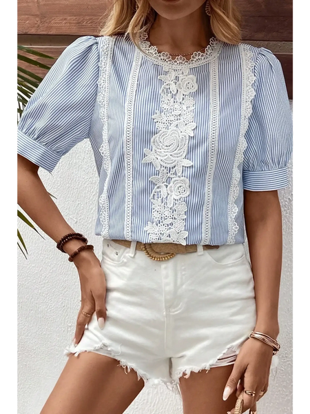 Trendsi women's summer half sleeve top in blue and white stripes with lace floral details