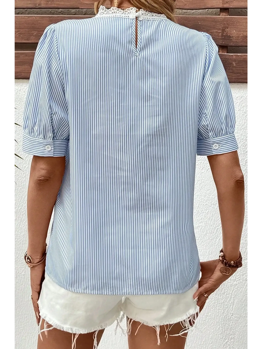 Trendsi women's summer half sleeve top with blue and white stripes and lace collar detail