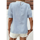 Trendsi women's summer half sleeve top with blue and white stripes and lace collar detail