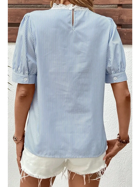 Trendsi women's summer half sleeve top with blue and white stripes and lace collar detail