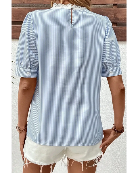 Trendsi women's summer half sleeve top with blue and white stripes and lace collar detail