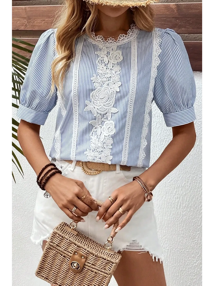 Lovely women's summer half sleeve top in blue and white stripes with lace floral details