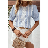 Lovely women's summer half sleeve top in blue and white stripes with lace floral details