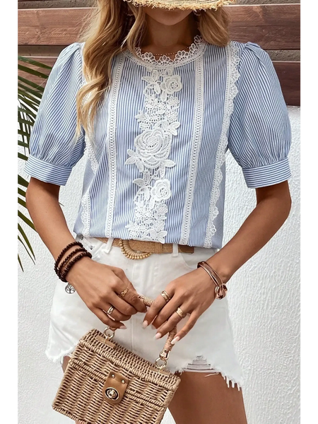 Lovely women's summer half sleeve top in blue and white stripes with lace floral details