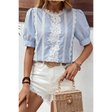 Trendsi women's summer half sleeve top in blue and white stripes with lace detailing and puff sleeves