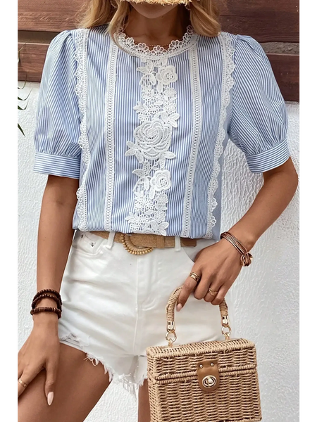 Trendsi women's summer half sleeve top in blue and white stripes with lace detailing and puff sleeves