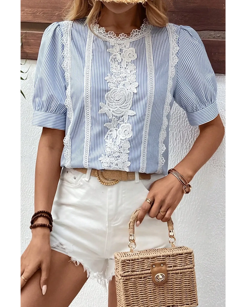 Trendsi women's summer half sleeve top in blue and white stripes with lace detailing and puff sleeves