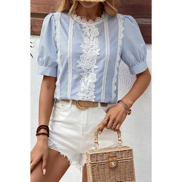 Trendsi women's summer half sleeve top in blue and white stripes with lace detailing and puff sleeves