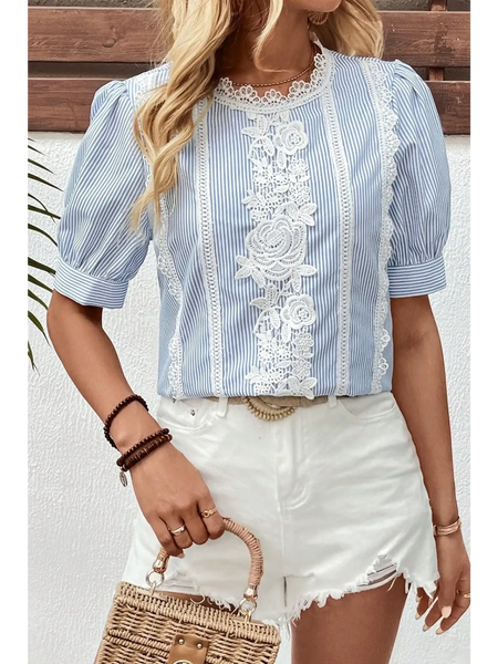 Trendsi women's summer half sleeve top with blue stripes and white lace details