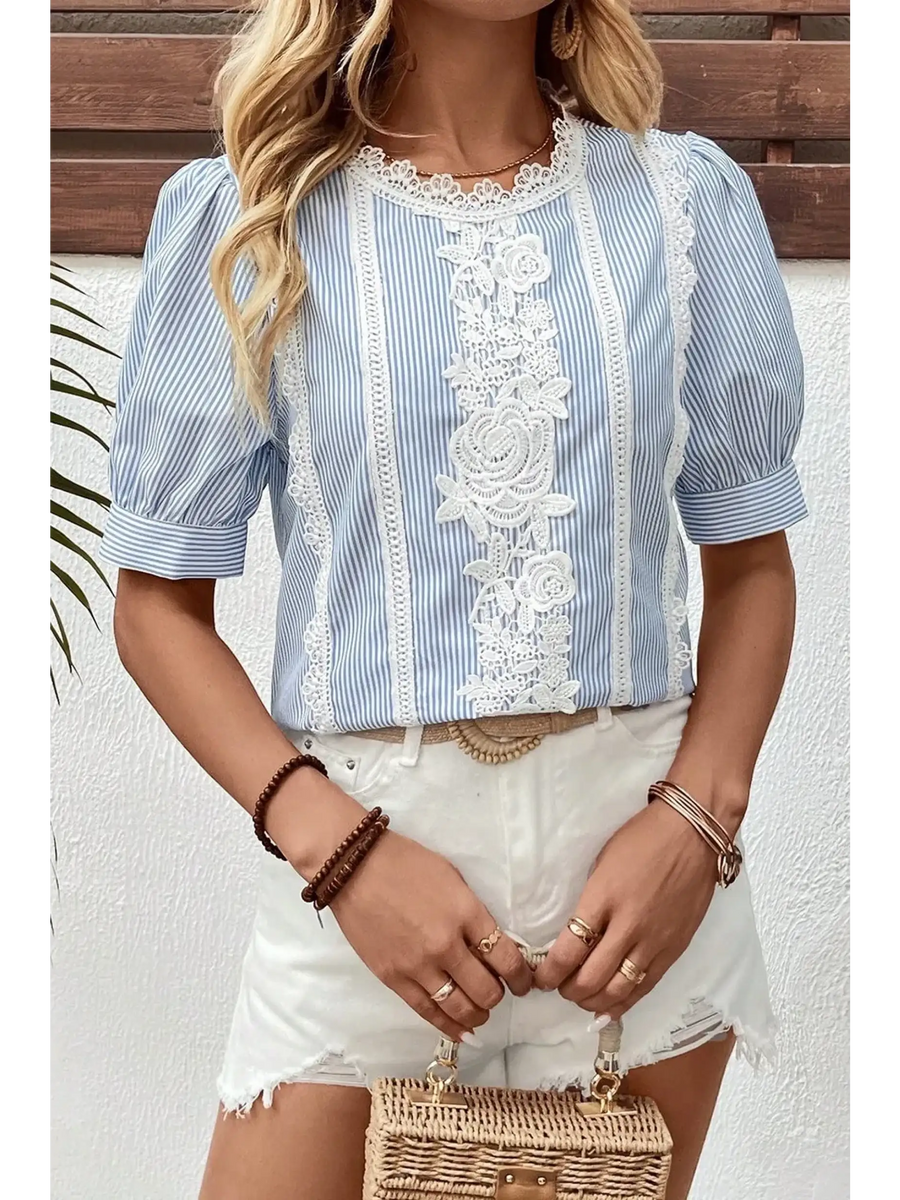 Trendsi women's summer half sleeve top with blue stripes and white lace floral details